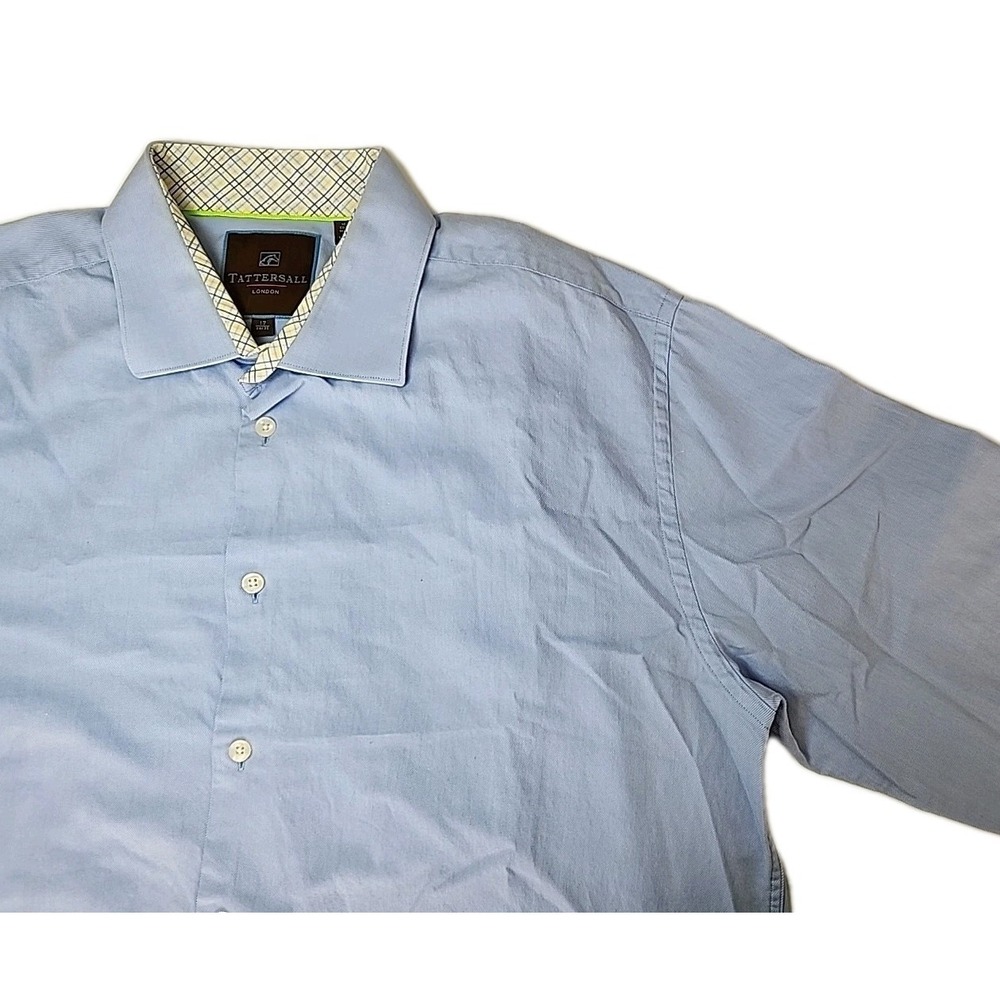 Tattersall London Men's Size 17 34/35 100% Cotton Blue Modern Dress Shirt EUC